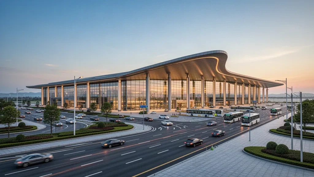 Modern glass terminal and access roads at Lianyungang Huaguoshan International Airport during golden hour.