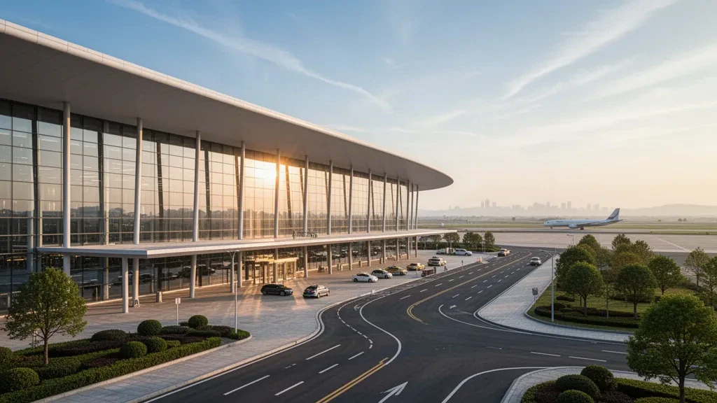 Terminal moderna de vidrio y carriles de descenso junto al bordillo en el Aeropuerto de Luoyang Beijiao durante la hora dorada en Henan, China