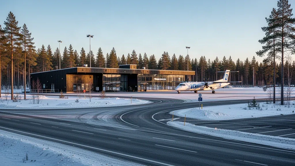 Modern terminal exterior at Lycksele Airport in Sweden with a turboprop aircraft on the apron and pine forest surroundings.