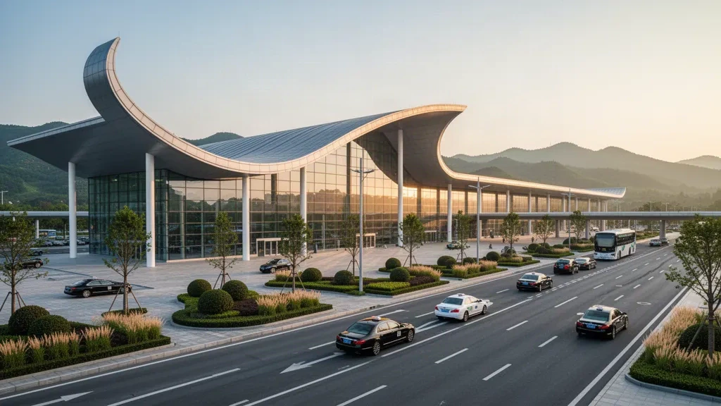 Moderne Glasfassade des Terminals am Flughafen Linyi Qiyang in Shandong mit geschwungenem Dach und Vorfahrspuren im Licht der goldenen Stunde