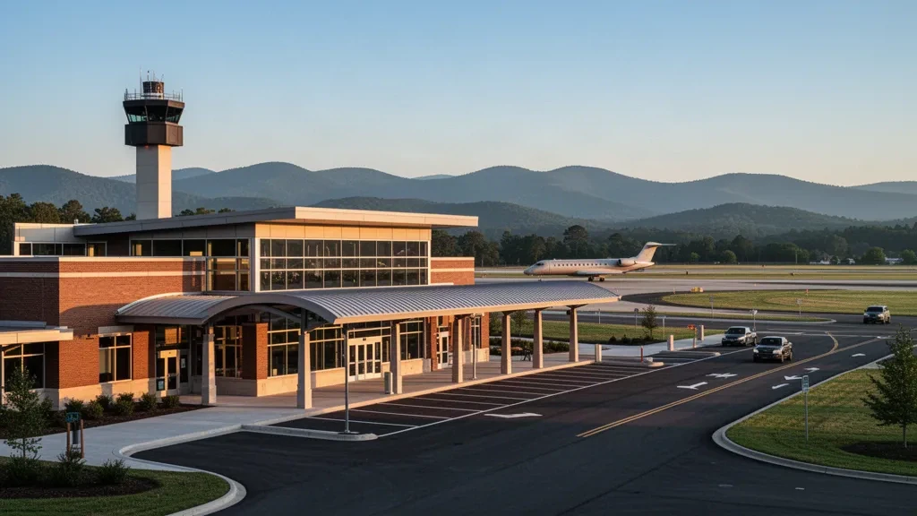 Facciata moderna del terminal e corsia di sosta per la riconsegna passeggeri all'Aeroporto Regionale di Lynchburg in Virginia, con un aereo regionale e le Blue Ridge Mountains all'ora d'oro