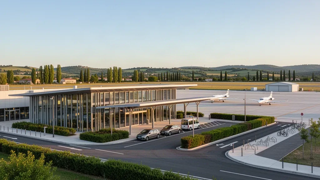 Modern glass terminal and apron at Lyon-Bron Airport in France, with light aircraft and cars in warm late-afternoon light