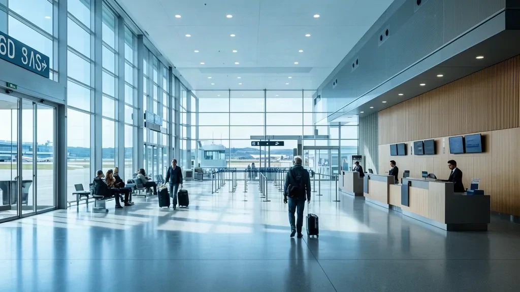 Bright interior view of Lyon Bron Airport terminal with travelers and modern architecture.