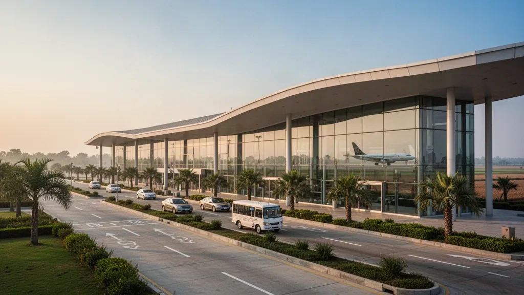 Pakistan'ın Pencap bölgesindeki Faisalabad Uluslararası Havalimanı'nda gün batımında modern cam terminal binasının dış cephesi ve terminal önü yolcu indirme şeridi