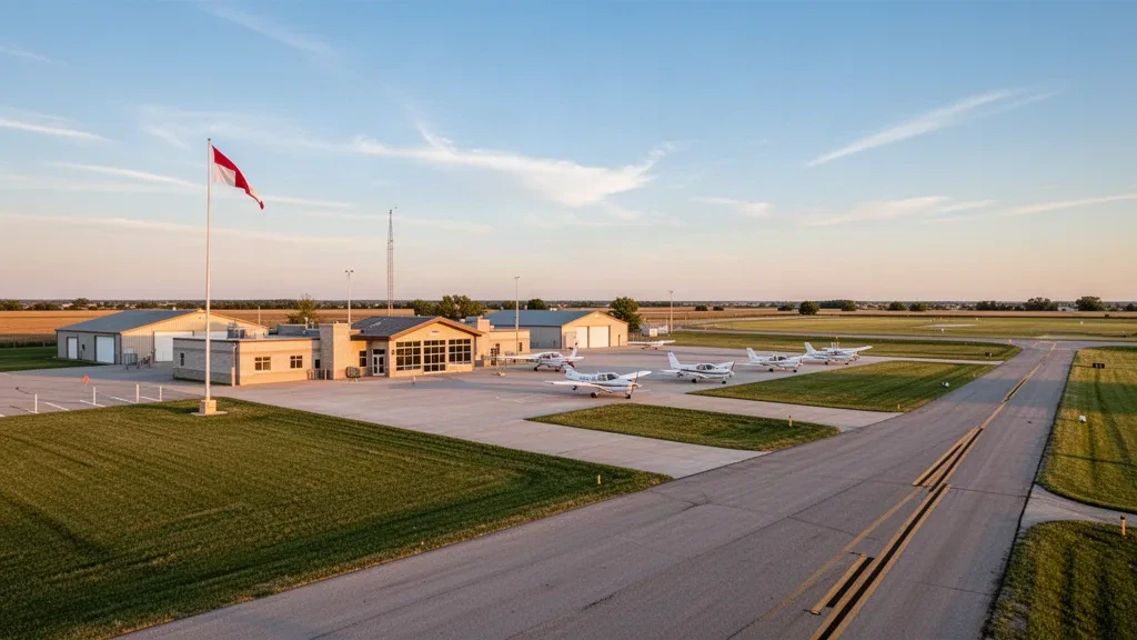 Piccolo aereo e un basso edificio terminal presso l'aeroporto municipale di Lyons-Rice County durante l'ora d'oro nella campagna del Kansas.