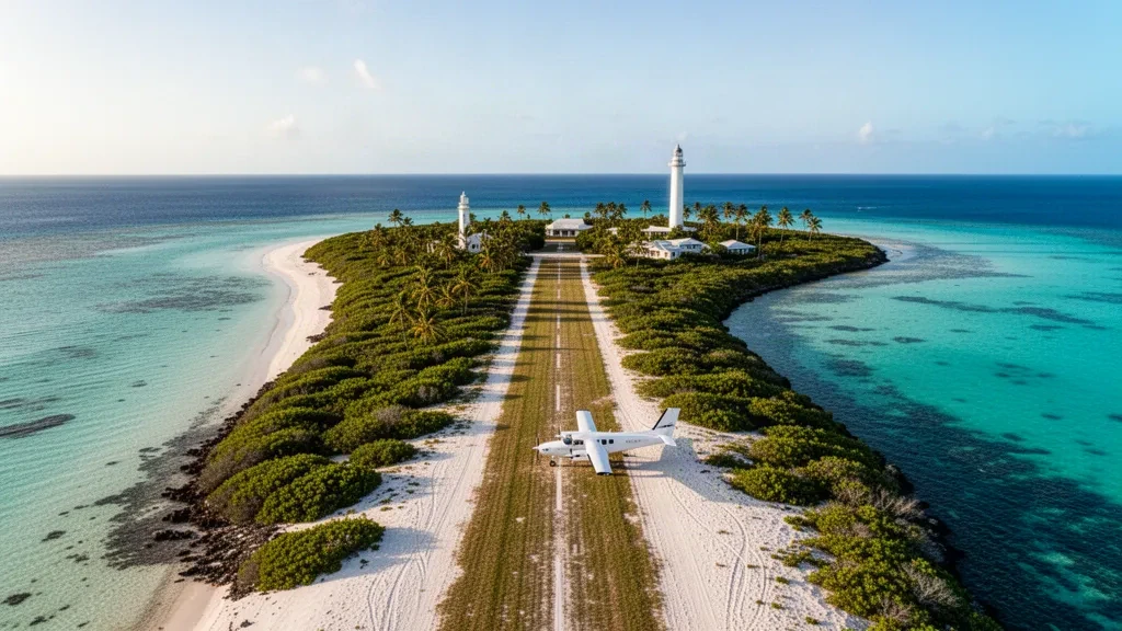 Aerial view of the grass airstrip on Lady Elliot Island surrounded by turquoise Great Barrier Reef waters