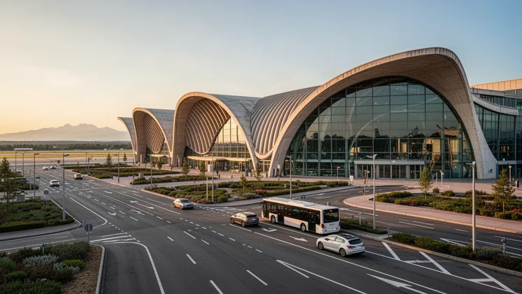 Terminal del aeropuerto de Lyon Saint-Exupéry con su tejado de hormigón arqueado y fachadas de cristal sobre la carretera de acceso, bajo una cálida luz dorada.