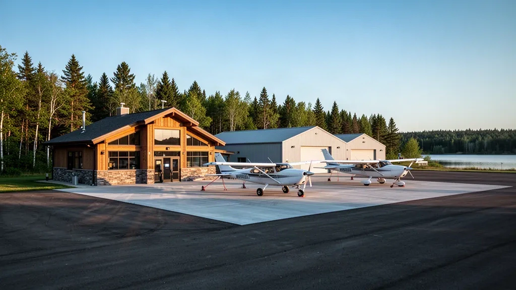 Avion monomoteur stationné sur le tarmac à côté du terminal et des hangars de l'aéroport municipal d'Ely, dans la forêt de pins du nord du Minnesota.