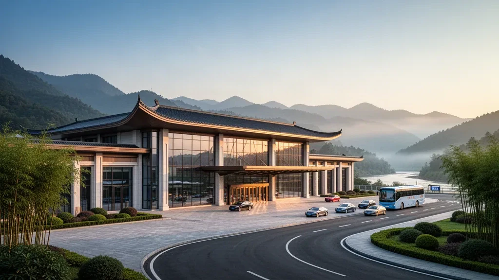 Modern glass terminal and drop-off plaza at Langzhong Gucheng Airport in Sichuan, China, framed by green hills at golden hour