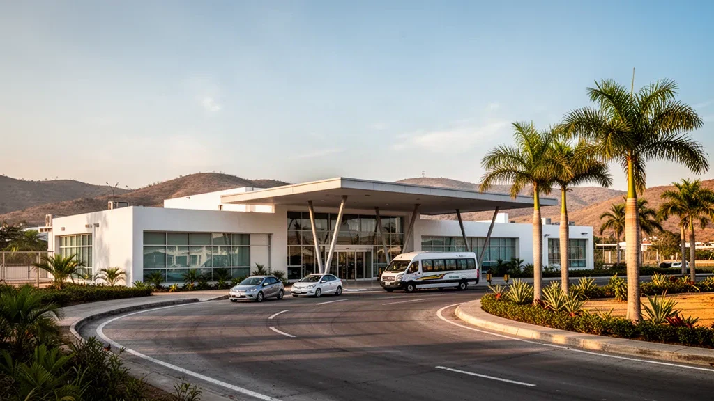 Terminal moderna y carril de ascenso y descenso en el Aeropuerto Lázaro Cárdenas, en Michoacán, México, bañados por la cálida luz del atardecer de la costa del Pacífico