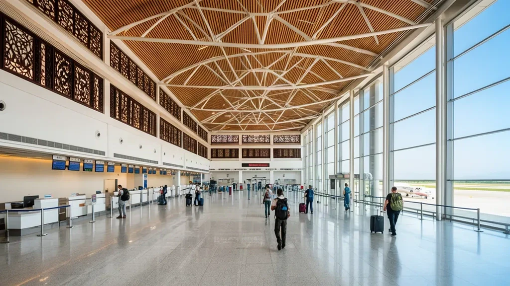 Voyageurs traversant l'intérieur lumineux et moderne du terminal de l'aéroport de Langzhong Gucheng LZG dans le Sichuan, en Chine