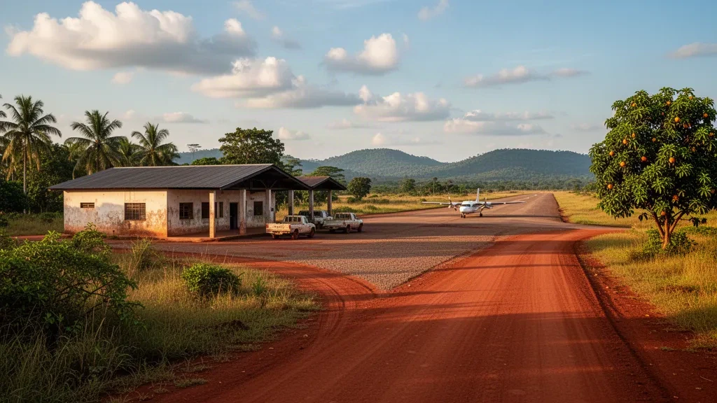 Piccolo terminal aeroportuale regionale e pista in ghiaia circondati dalla vegetazione tropicale dell'aeroporto di Luiza in Congo