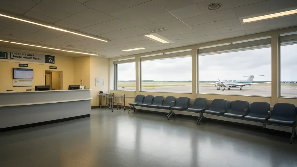 Intérieur du petit terminal de l'aéroport de Lydd London Ashford dans le Kent, montrant la zone d'enregistrement, les sièges d'attente et les fenêtres donnant sur le tarmac