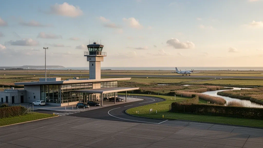 Romney Marsh, Kent'teki Lydd London Ashford Havalimanı'nda yumuşak altın saat ışığında modern cam terminal ve kontrol kulesi