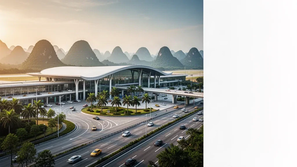 Modernes Glas-Terminal und Vorfahrtspuren am Flughafen Liuzhou Bailian in Guangxi, China, zur goldenen Stunde mit Karstbergen im Hintergrund.