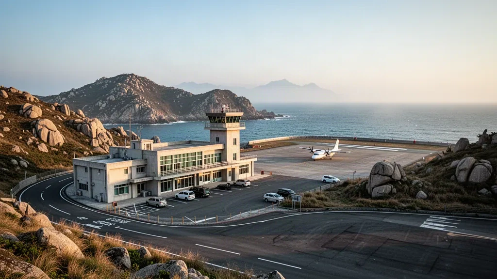 Matsu Nangan Airport terminal and coastal apron on Nangan Island, Taiwan, in warm late-afternoon light with sea and hills behind