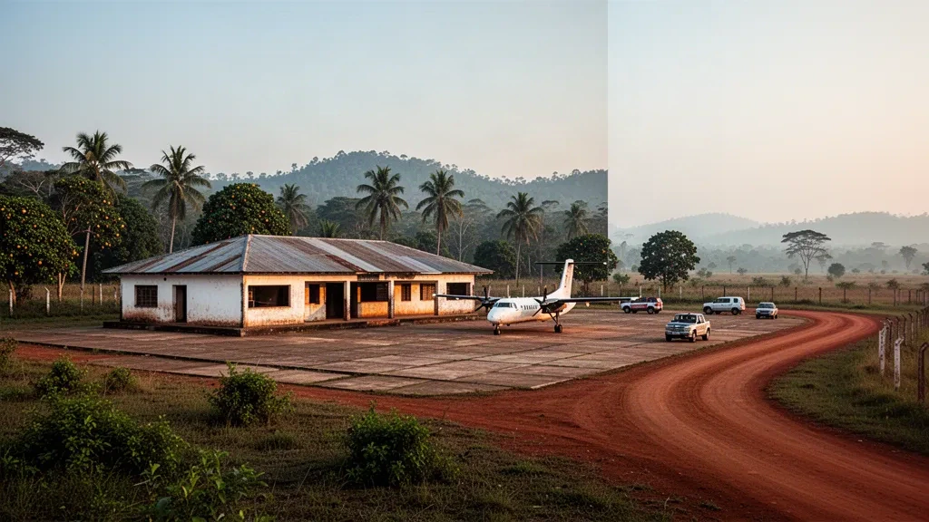 Kleines regionales Terminal und Vorfeld am Flughafen Luozi in der Demokratischen Republik Kongo zur goldenen Stunde