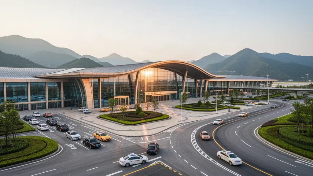 Modern glass terminal and curbside drop-off lanes at Luzhou Yunlong Airport in Sichuan, China, glowing at golden hour.