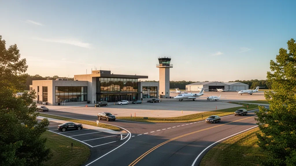 Modern terminal and control tower at Gwinnett County Briscoe Field Airport in Lawrenceville, Georgia, during golden hour.