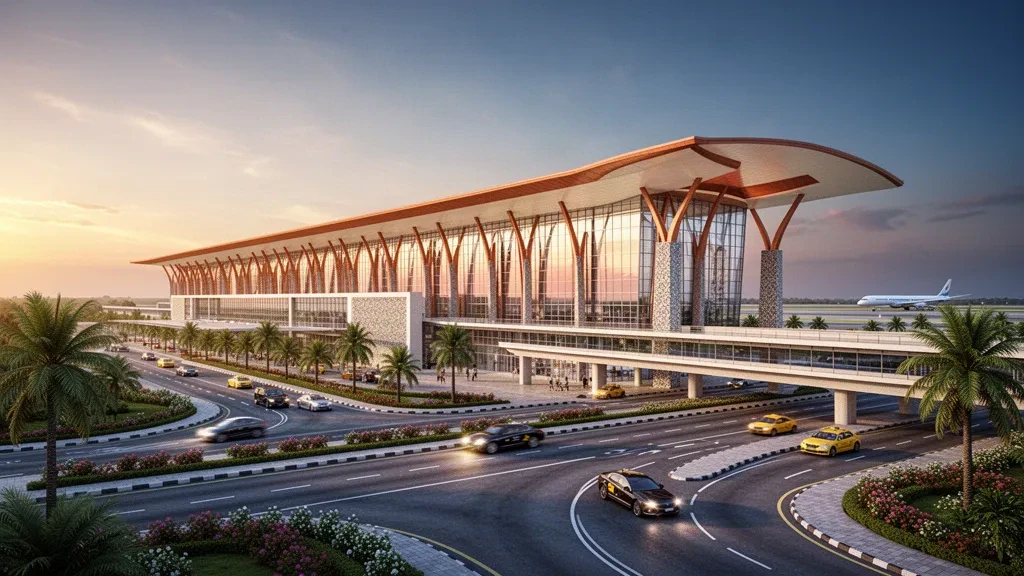 Extérieur moderne en verre et acier d'un terminal de l'aéroport international de Chennai rayonnant à l'heure dorée avec des voies de dépose en bordure de trottoir et un aménagement paysager tropical
