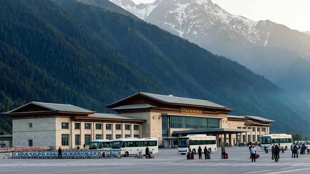 Edificio terminal dell'aeroporto di Nyingchi Mainling in Tibet incorniciato da creste himalayane boscose