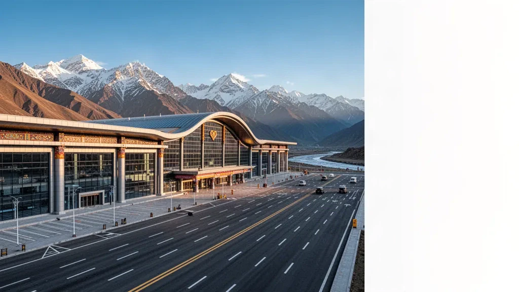 Tibet'teki Nyingchi Mainling Havalimanı'nın modern terminal binası, arka planda açık gökyüzü altında Himalaya dağları.