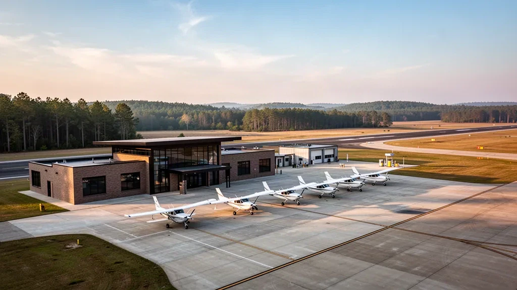 General aviation terminal building, hangars and parked light aircraft on the ramp at Macon Downtown Airport in Georgia