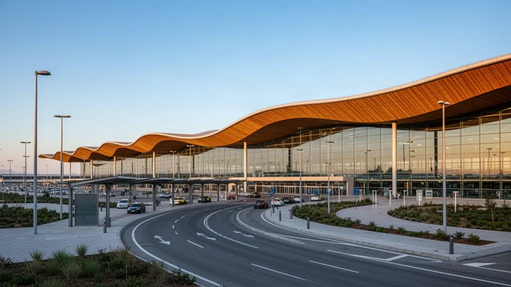Veduta all'ora d'oro del tetto ondulato, della facciata in vetro e delle strade di accesso dell'Aeroporto Madrid-Barajas Terminal 4