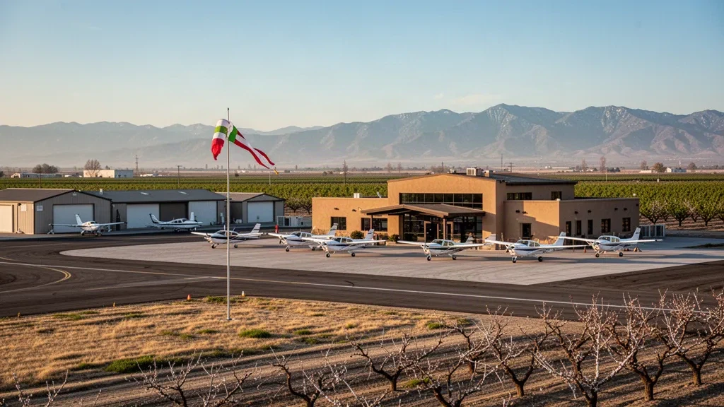 Am Vorfeld geparkte Flugzeuge der allgemeinen Luftfahrt neben einem niedrigen Terminalgebäude am Madera Municipal Airport im Central Valley Kaliforniens zur goldenen Stunde.