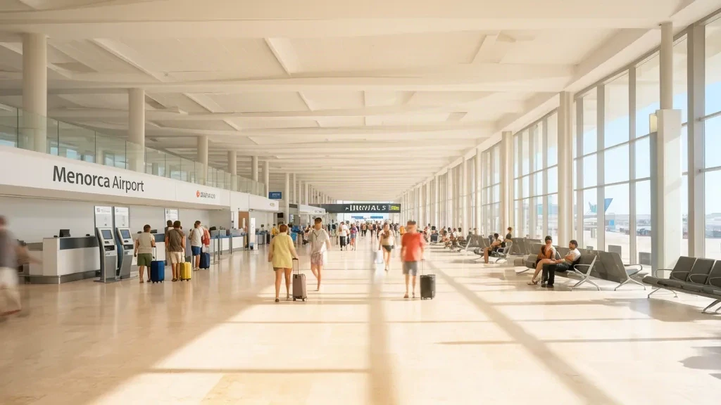Sunlit departure hall interior at Menorca Airport MAH with white minimalist architecture and travellers checking in