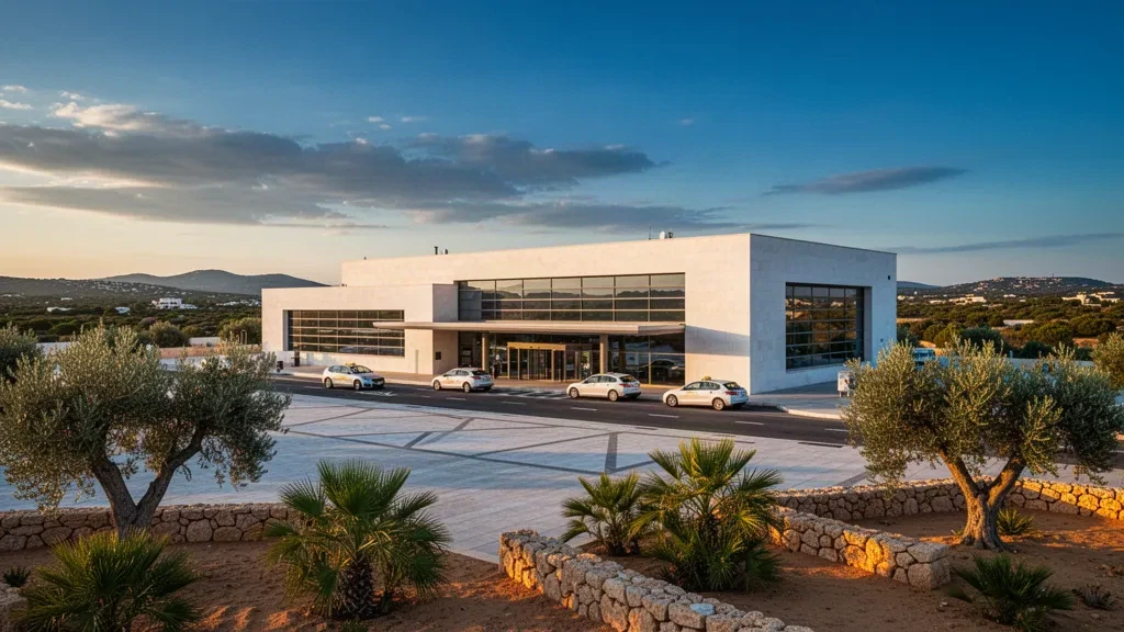 Außenansicht des modernen Terminals am Flughafen Menorca auf den Balearen mit mediterraner Bepflanzung, Licht zur goldenen Stunde und einer übersichtlichen Vorfahrt