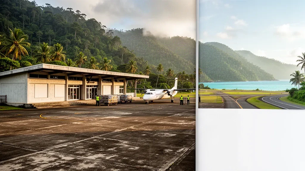 Terminal tropicale a un piano e piazzale per turboelica all'Aeroporto di Madang, Papua Nuova Guinea, incorniciati da palme e colline di foresta pluviale nell'ora d'oro.