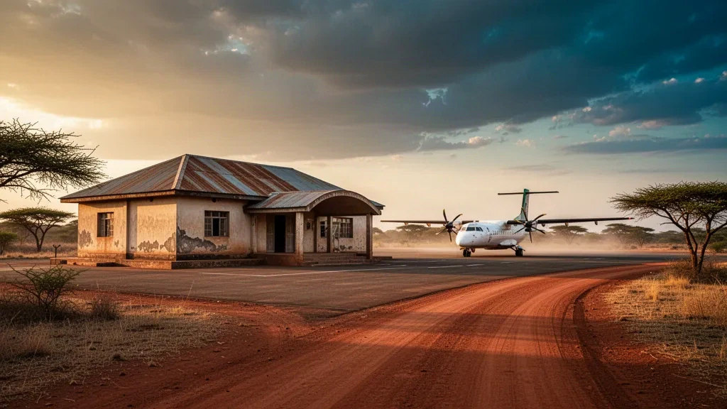 Malakal International Airport terminal and apron at golden hour in South Sudan, with a regional aircraft parked near the runway.