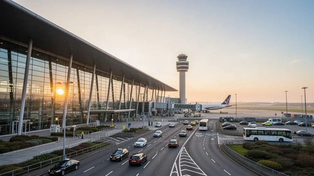 Terminal moderne en verre et voies de dépose à l'aéroport de Manchester baignés dans une lumière dorée, avec un avion sur le tarmac et la tour de contrôle en arrière-plan