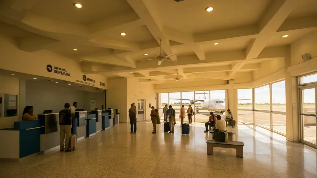 Interior of General Servando Canales International Airport in Matamoros, showing the check-in hall, seating area and sunlit arrivals concourse.