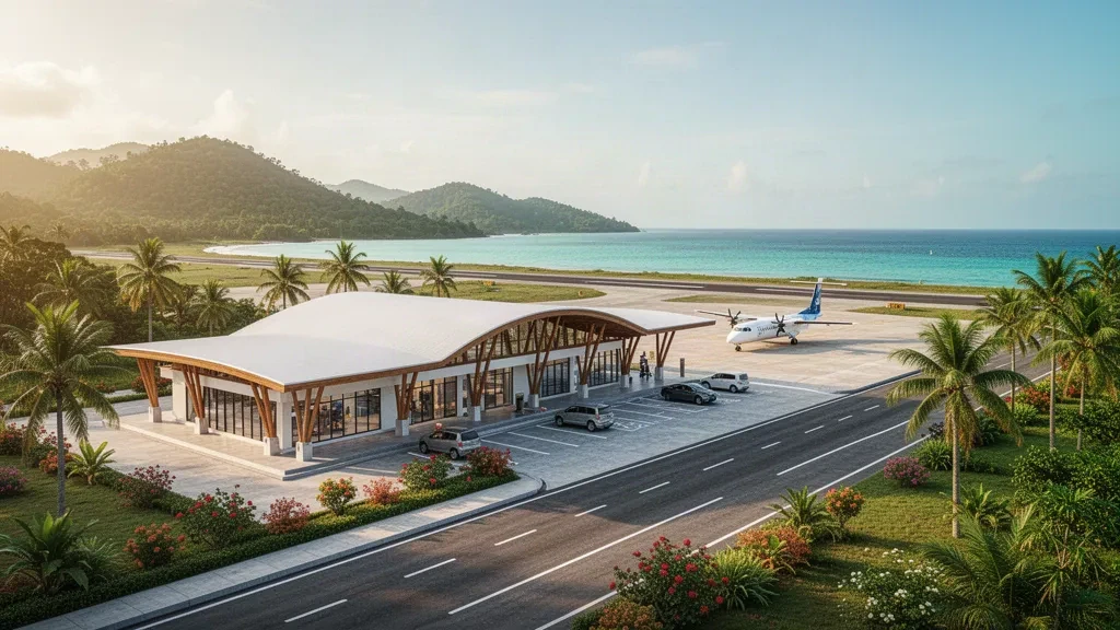 Terminal de aeropuerto y pista de una isla tropical en el aeropuerto de Mangole, en Falabisahaya, Molucas del Norte, Indonesia, con palmeras y cielo despejado.