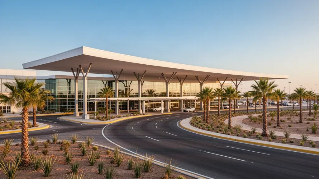 Edificio terminal moderno y carriles de descenso ajardinados en el Aeropuerto Internacional General Servando Canales en Matamoros, México.