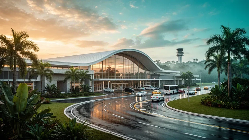 Modern glass terminal exterior at Eduardo Gomes International Airport in Manaus, framed by tropical landscaping and a curbside drop-off lane at golden hour.