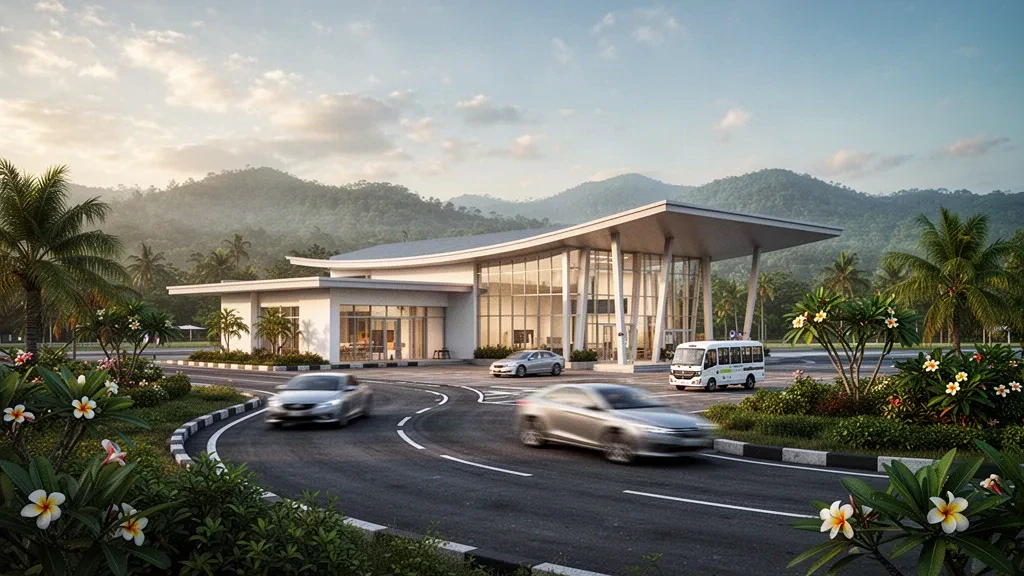 Modern low-rise terminal and drop-off lane at Mae Sot Airport in Thailand, framed by tropical greenery and misty mountains at golden hour