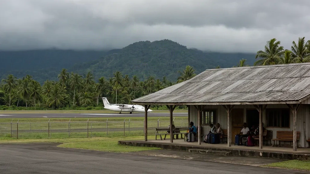 Bâtiment terminal à ciel ouvert à l'aéroport de Mamai en Papouasie-Nouvelle-Guinée avec de la verdure tropicale et un avion bimoteur à turbopropulseur sur le tarmac