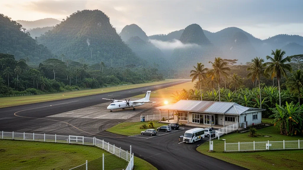 Piccola pista di atterraggio tropicale all'Aeroporto di Mamai in Papua Nuova Guinea con un aereo turboelica, palme e creste di foresta pluviale nebbiosa all'alba