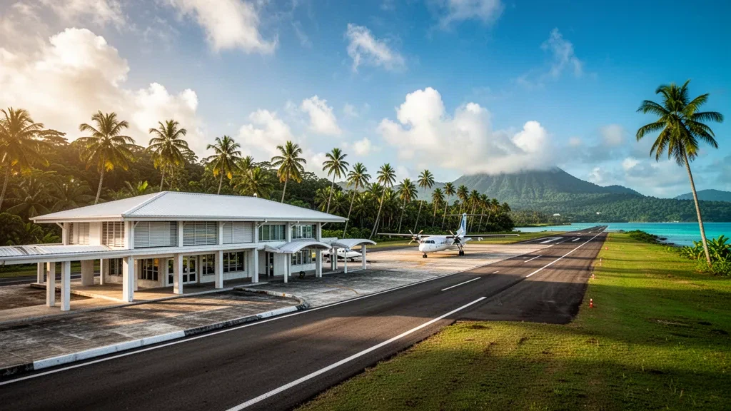 Vista costera tropical del Aeropuerto de Momote en la Isla Manus, Papúa Nueva Guinea, con una pequeña terminal y una pista rodeada de palmeras bajo una cálida luz de tarde.
