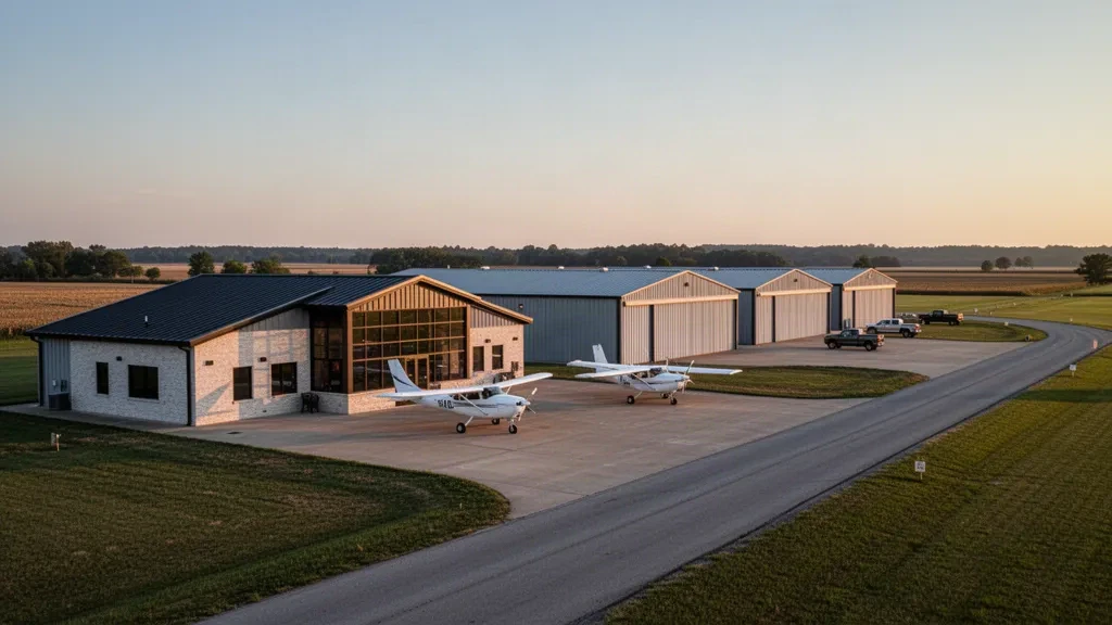 Veduta dell'ora d'oro del terminal basso dell'Aeroporto Regionale di Malden, degli hangar e degli aerei leggeri sulla pista in una zona rurale del Missouri.