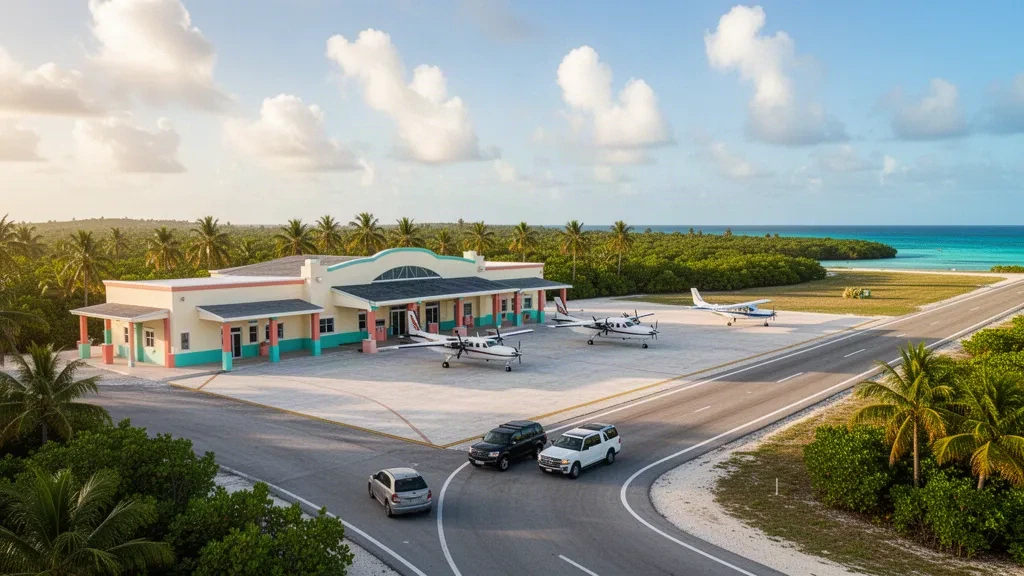 Low-rise terminal and palm-lined apron at Clarence A. Bain Airport on Mangrove Cay, Andros, Bahamas under a bright tropical sky