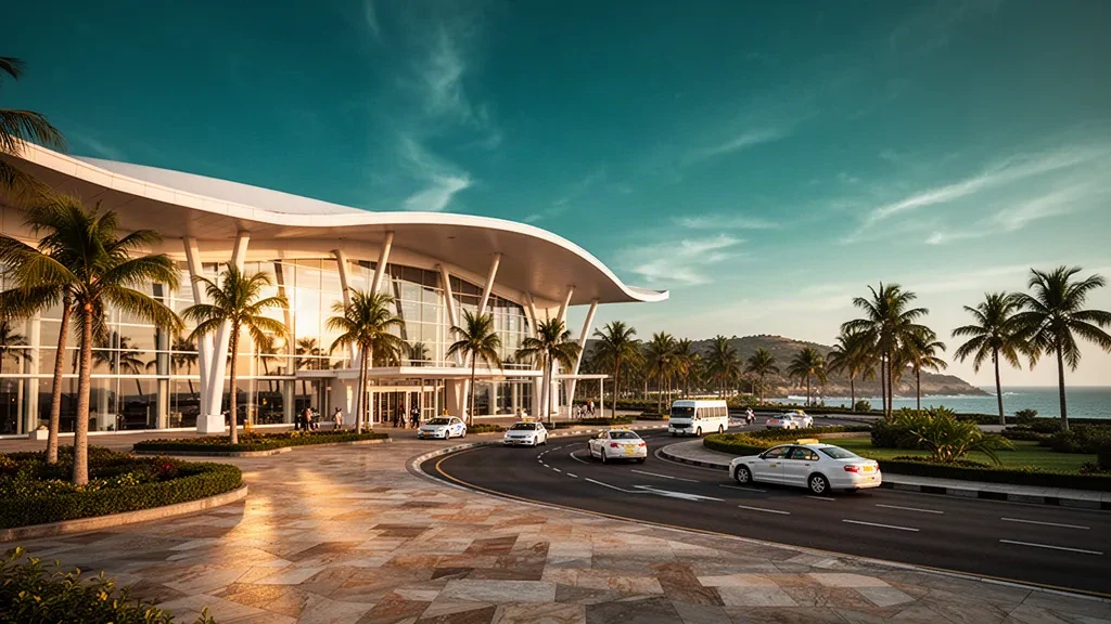 Modern terminal exterior and palm-lined drop-off lanes at Moi International Airport in Mombasa, Kenya, glowing at golden hour