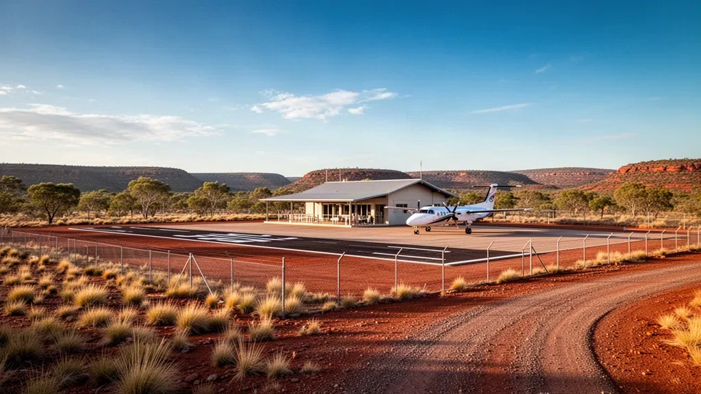 Remote outback terminal and sealed runway at Marble Bar Airport in Western Australia's Pilbara region under a clear blue sky