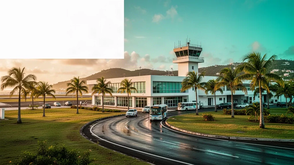 Veduta al tramonto del terminal e della corsia di sbarco dell'aeroporto Eugenio María de Hostos a Mayagüez, Porto Rico, con vegetazione tropicale.