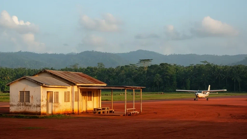 Small rural terminal building and laterite airstrip at M'Bigou Airport (MBC) in Gabon, ringed by tropical rainforest