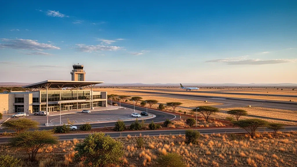 Vista a la hora dorada de la terminal, la plataforma y la larga pista del Aeropuerto Internacional de Mmabatho, cerca de Mahikeng, Sudáfrica