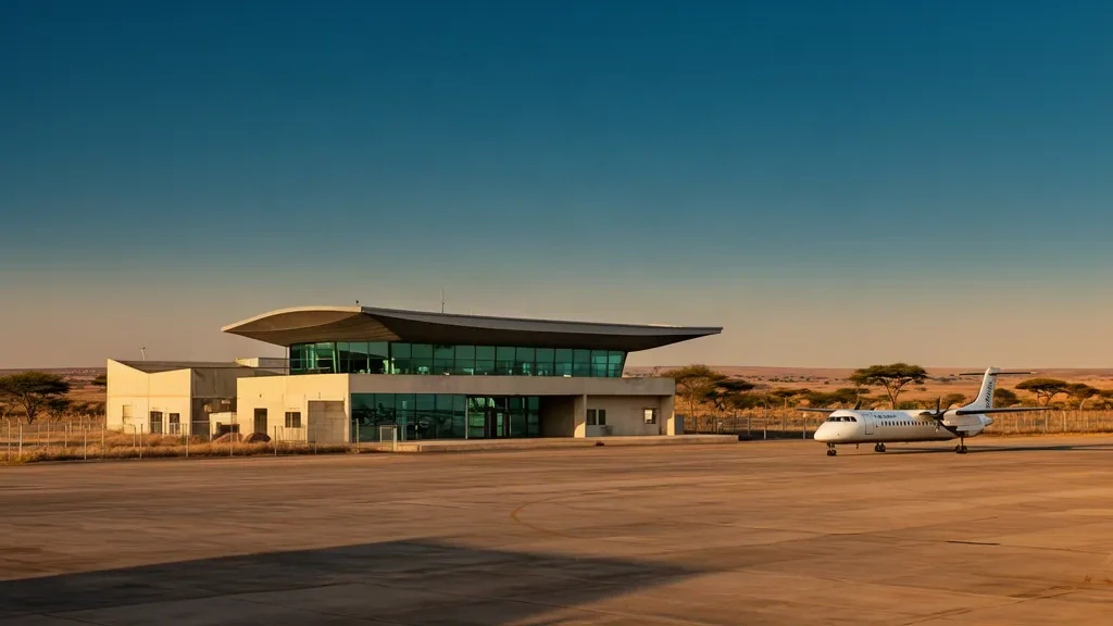 Güney Afrika, Mahikeng yakınlarındaki Mmabatho Uluslararası Havalimanı'nın açık highveld gökyüzü altındaki alçak katlı terminal binası